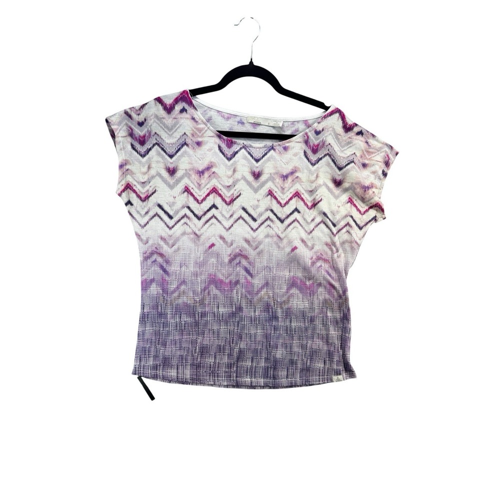 prAna Womens Small Purple ZigZag Short Sleeve Top Boho Stretch Casual
